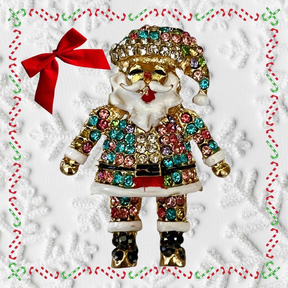 Sparkly Santa Claus Brooch Pin Necklace Pendant, Gold Plated Enamel